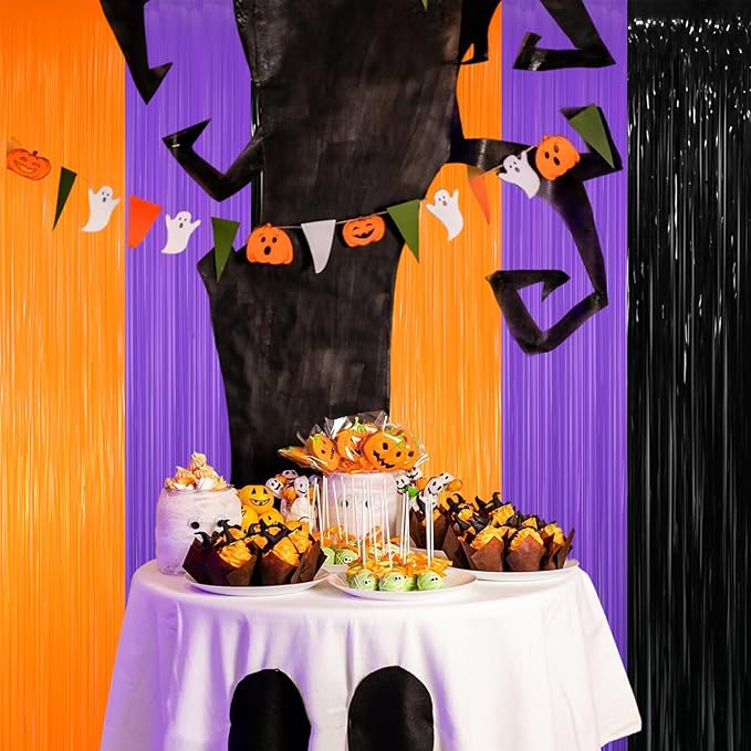 GOER 3.2 ft x 8.2 ft Metallic Tinsel Foil Fringe Party Backdrop for Halloween Birthday Graduation New Year's Party Decorations(3 Packs,Black&Orange&Purple)