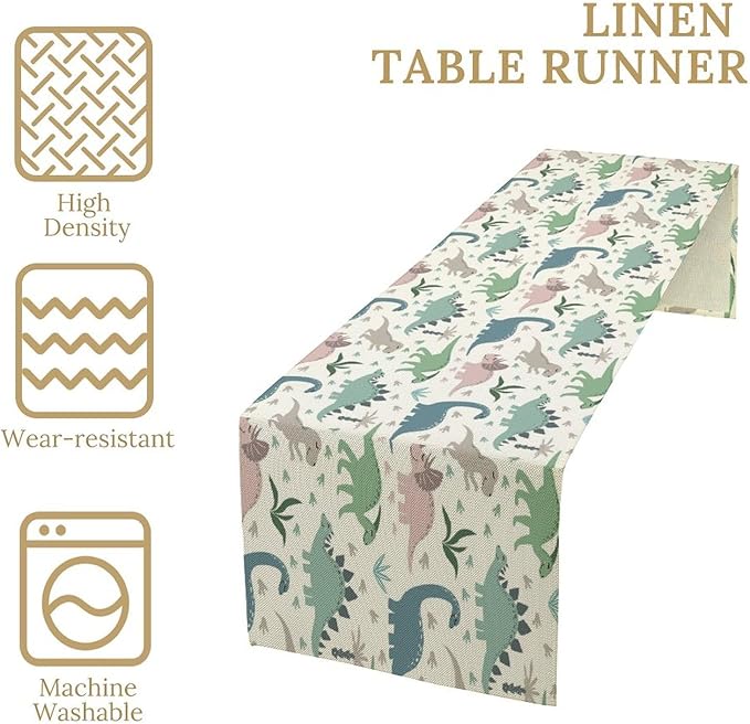 Cartoon Dinosaur Table Runner,Kids Boys Cute Colorful Animal Dino Abstract Print Tablecloth Burlap for Hotel Indoors Outdoor Dining Room Kitchen Holiday Party, 13x70in