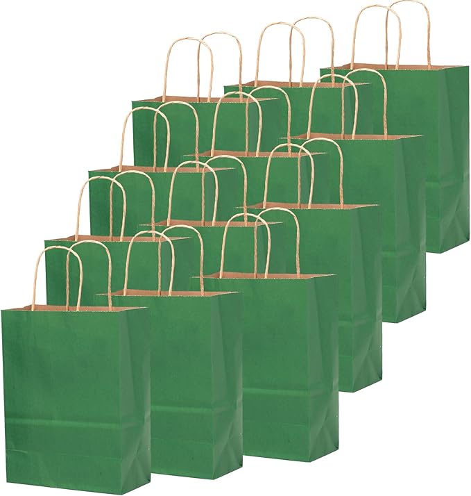 qiqee 50-Packs Gift Bag with Handles Bulk Kraft Deep Green Paper Bags Multiple Uses (8.3"x3"x6"inch Small Size)