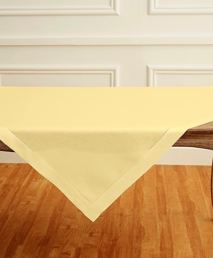 Solino Home Square Linen Tablecloth 52 x 52 Inch - 100% Pure Linen Yellow Table Throw - Classic Hemstitch, Machine Washable Table Cloth