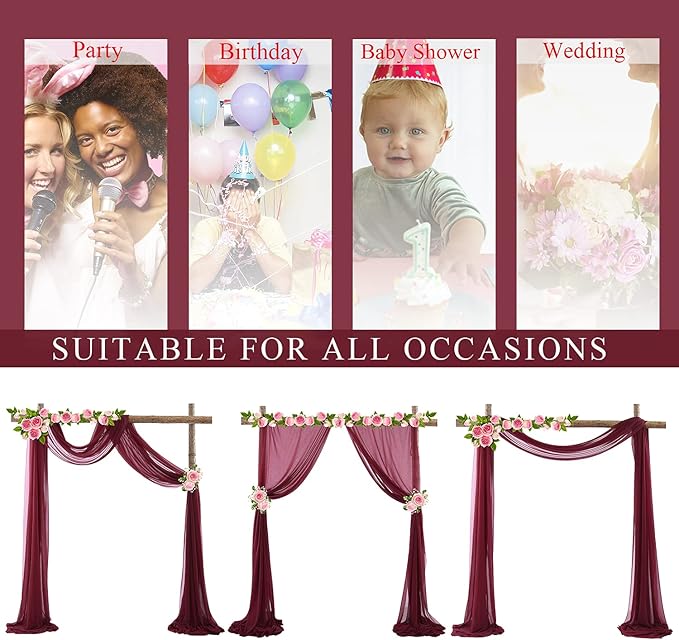 Arch Drapes for Wedding Arch Draping Fabric Burgundy Sheer Backdrop Curtain for Ceremony Bridal Party Decor 19Ft Length x 28" Width 2 Panel