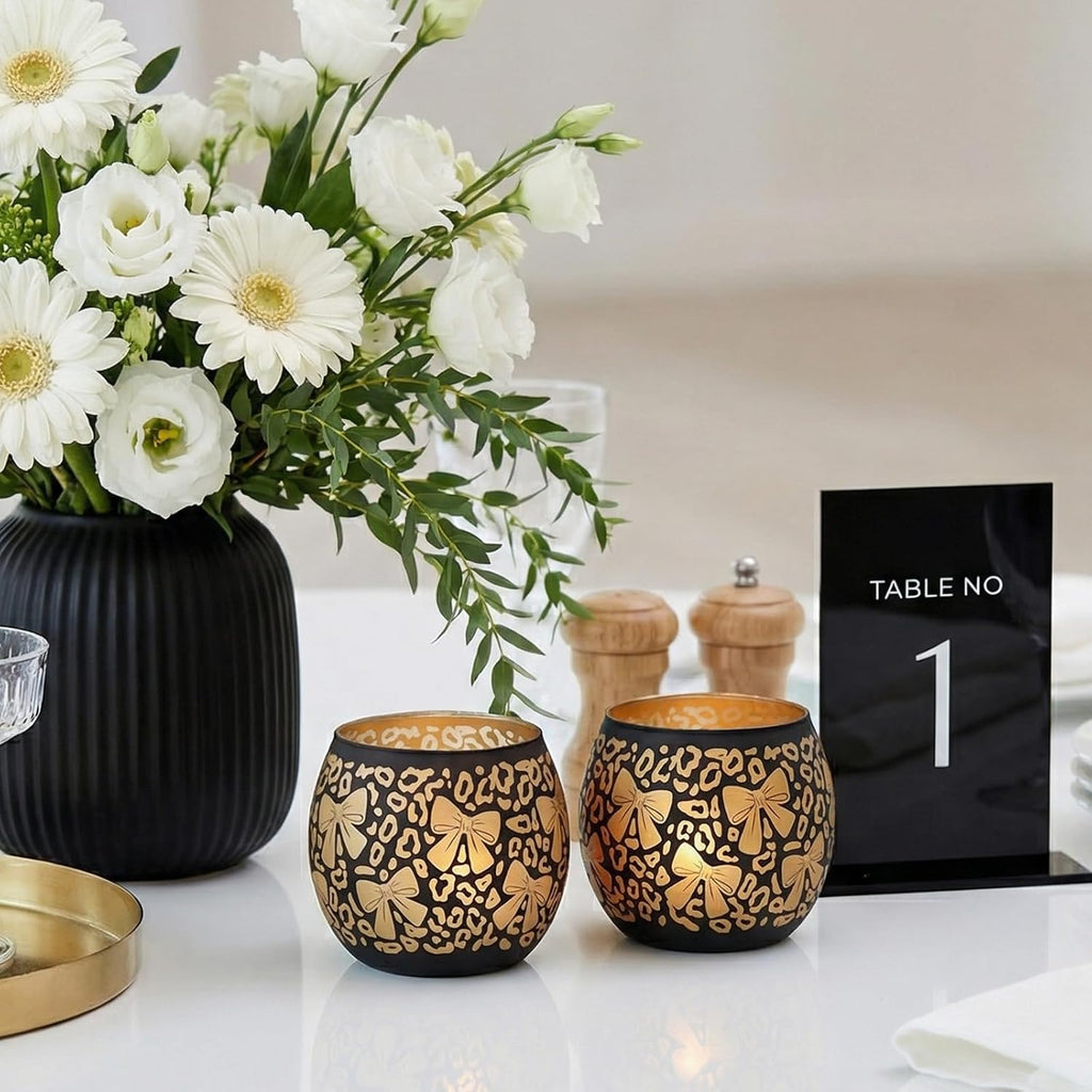 Leopard Candle Holder with Bow Set of 2, Black Gold Votive Tealight Candle Holders for Room Decor, Aesthetic Ribbon Votive for Wedding Centerpieces & Leopard Birthday Party Decorations