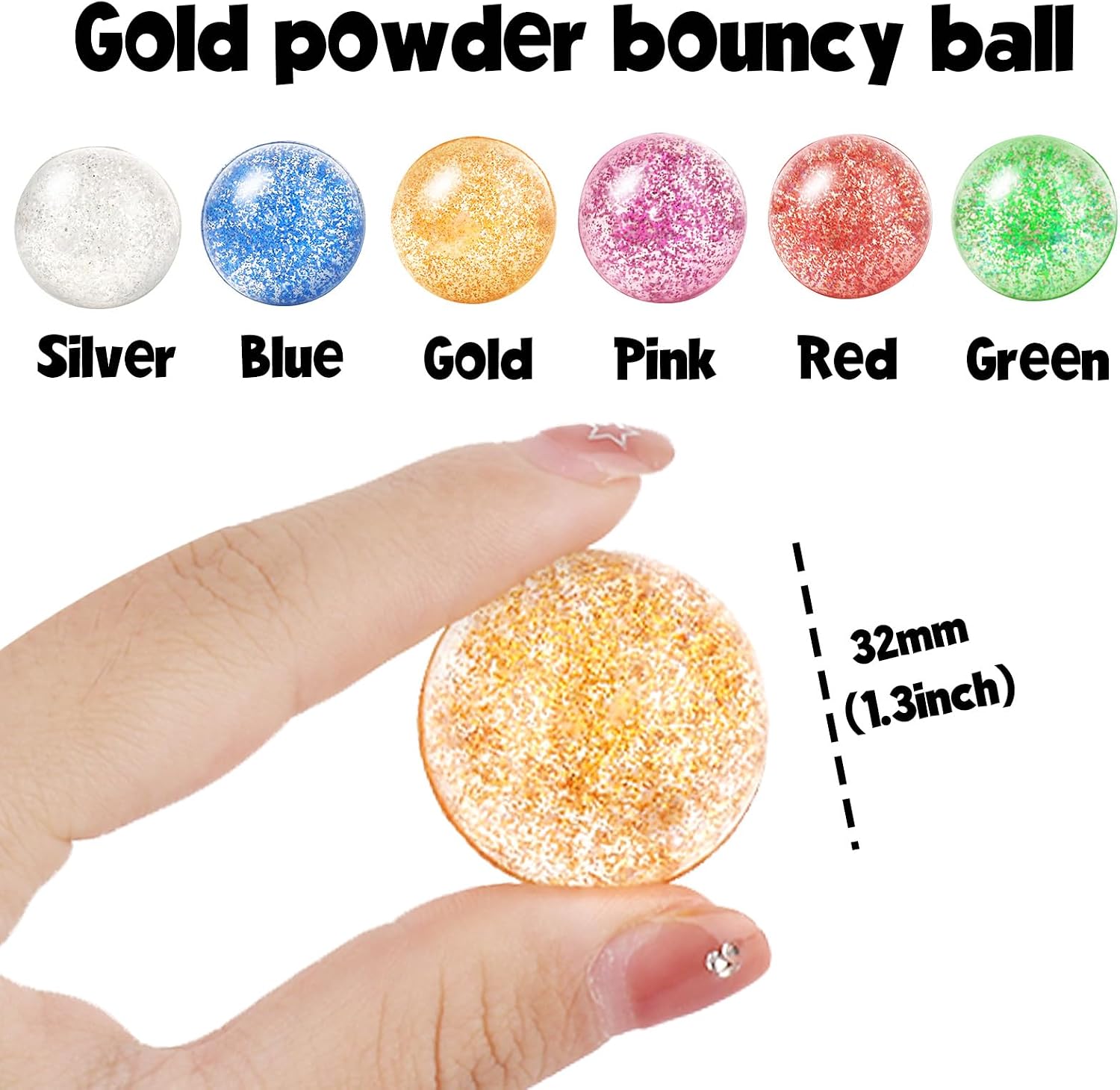 Hxezoc 24 Pcs Glitter Bouncy Balls for Kids, 32mm 6 Colors Rubber Bounce Balls Bulk for Party Favors, Goodie Bag Fillers, Easter Gift Bag Stuffers, Basket Stuffers, Classroom Prizes