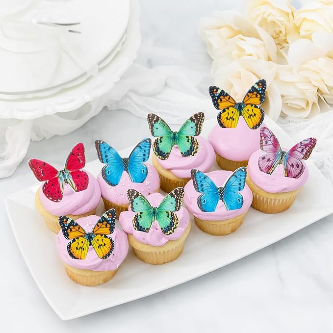 Ephlyn 48Pcs Edible Butterfly Cupcake Toppers 3D Mixed Color Cake Picks 3D Butterfly Cake Decorations for Baby Shower Boys Girls Birthday Party Decoration Supplies Colorful