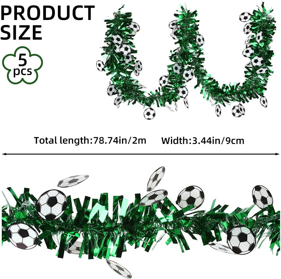 Soccer Tinsel Garland, Soccer Party Decorations, 5 Pack 33FT Football Tinsel Garland, Green Glitter Metallic Tinsel Twist Garlands for Indoor Outdoor Sports Game Day Home Birthday Party Decoration