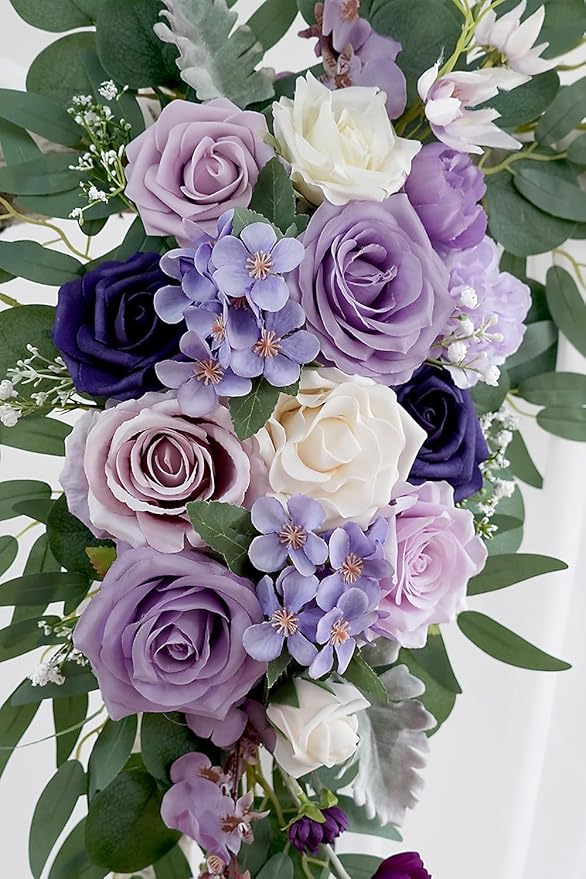 Lilac Artificial Wedding Arch Flowers Kit (Pack of 3) with 26Ft White Shiny Arch Draping Fabric for DIY Wedding Party Ceremony Reception Backdrop Floral Decoration