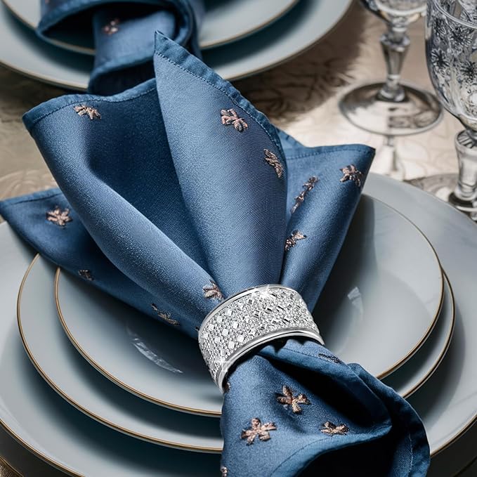Silver Diamond Napkin Ring Set of 12 Rhinestone Crystal Glass Framed Napkin Holder for Table Decor,Thanksgiving,Christmas,Anniversary, Birthday, Holiday, Party Serviette Buckles Home Decoration