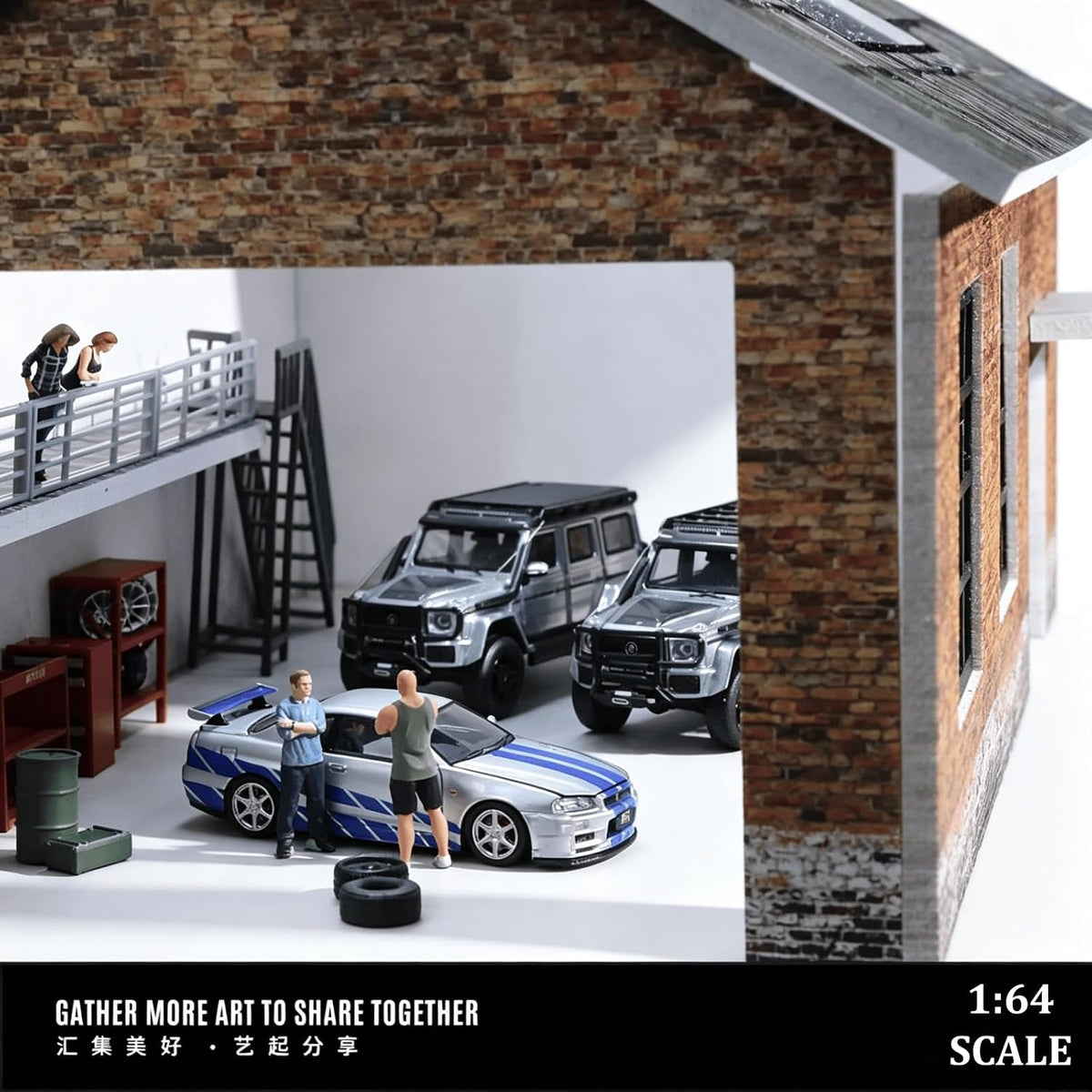 1/64 diorama old factory garage model, led lighting, side view