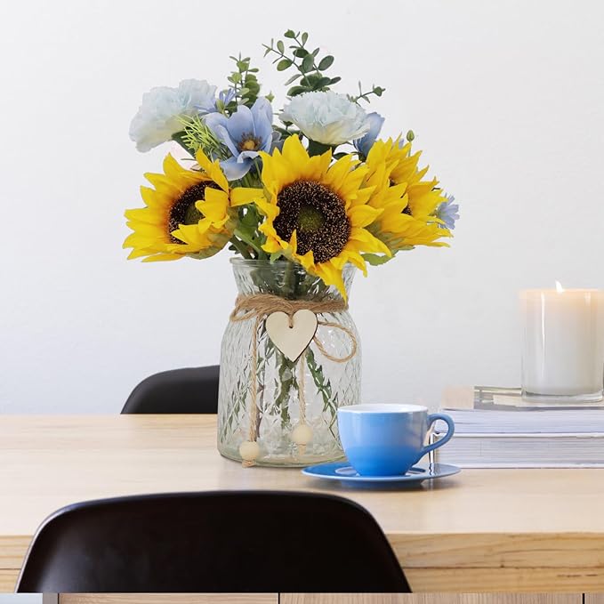 Leftover Faux Flowers in vase,Table centerpieces for Dining Room,Blue-Yellow Sunflower Flower centerpieces for Tables
