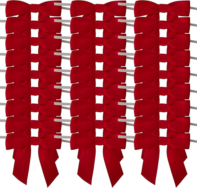 50pcs 3-1/2" Red Satin Ribbon Bows with Twist Ties Giant Bows for Christmas Holiday Gift Packing&Wrapping (Red)