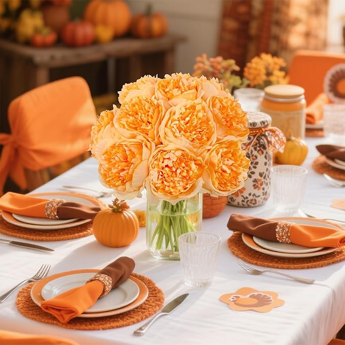 U'Artlines Artificial Peony Silk Flower with Stems 10pcs Real Look Vintage Peonies for Home Wedding Decoration (Orange)