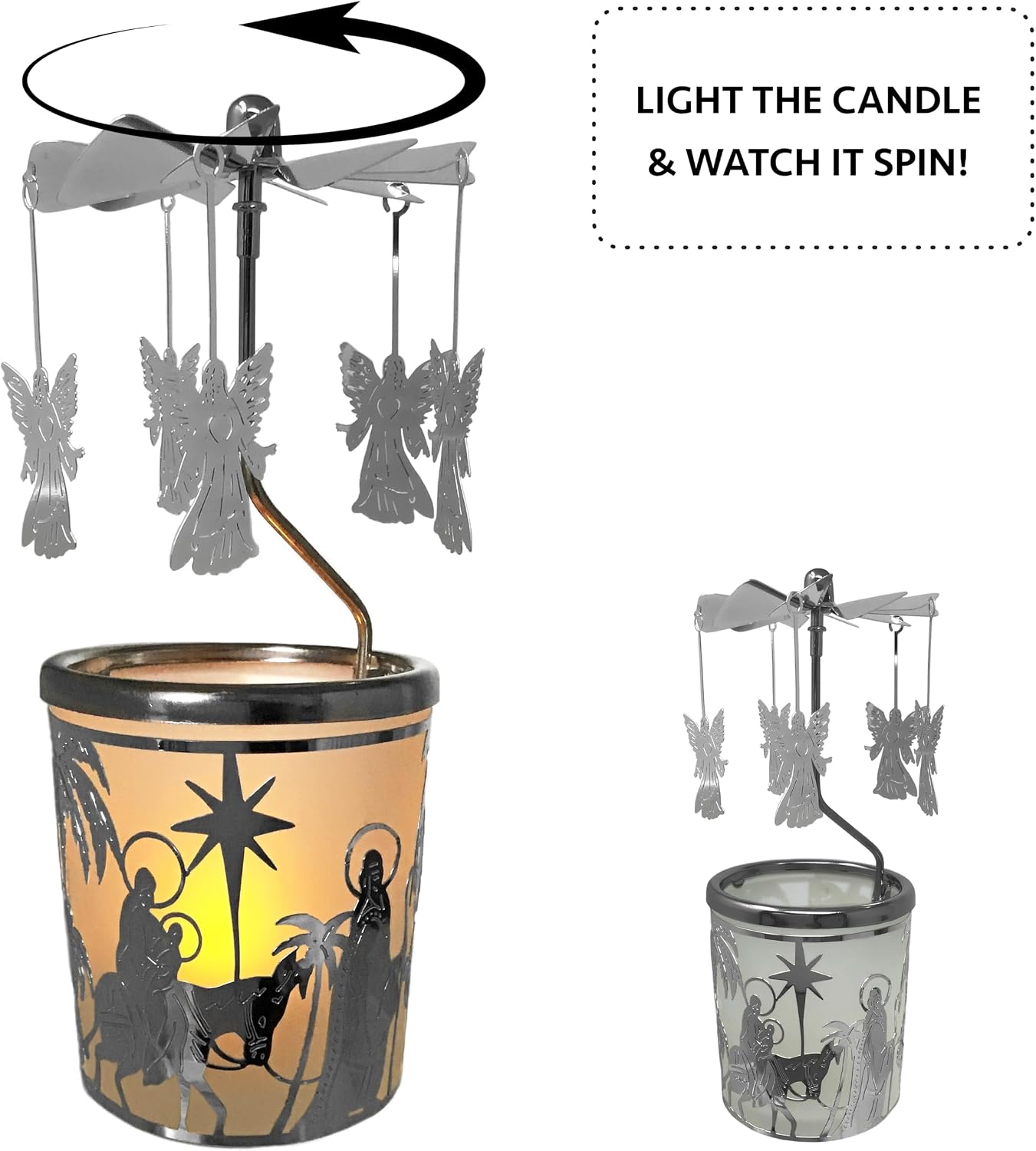 Spinning Angels Christmas Candle Holder - Holy Family Scene - Scandinavian Style -Measures 6.25" x 2.5" and Includes a Smokeless Candle.