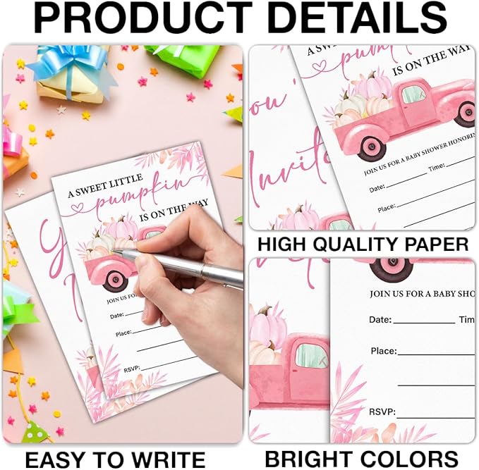 Pumpkin Baby Shower Party Invitations, Fall Pink Pumpkins Truck Baby Shower Party Fill in Invites Cards With Envelopes (20 Count), Double Sided Design