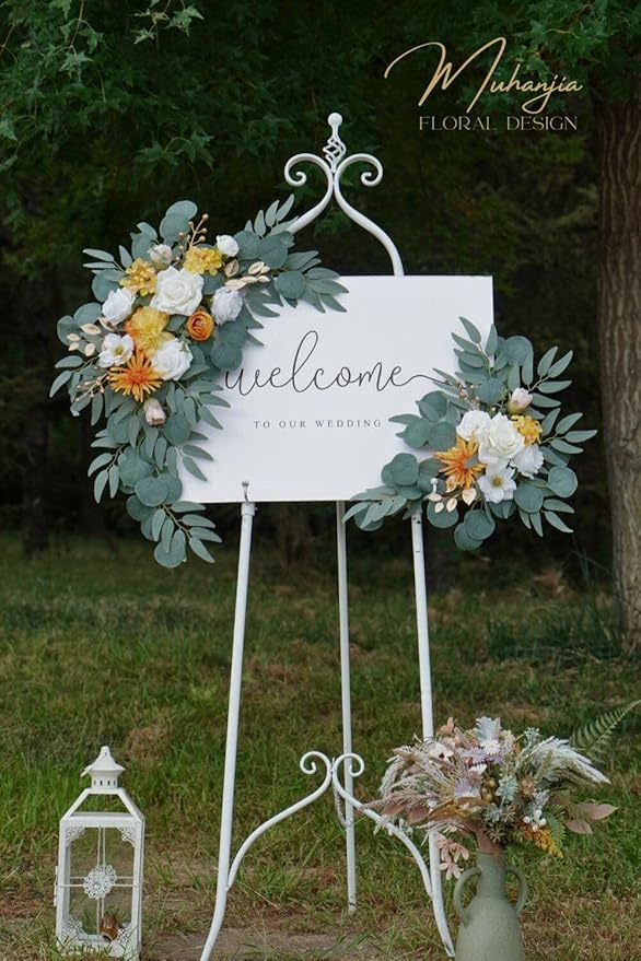 Wedding Sign Faux Flower Swag (Pack of 2) for Ceremony Party Reception Entrance Floral Decor Wall Easel Stand for Wedding Poster Welcome Sign (Bright Yellow)