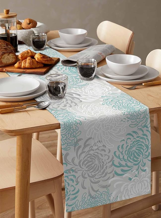 Auqa Chrysanthemum Cotton Linen Table Runner for Dining Kitchen, Wedding Outdoor Party Tablerunners Decoration, Farmhouse Floral Botanical Leaves Dresser Scarf Coffee Tablecloth Runners 13x48 Inches