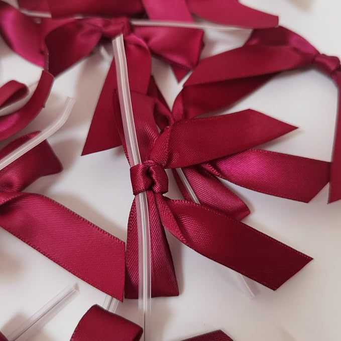 50pcs 2-1/2" Burgundy Satin Ribbon Bows with Twist Tie Bows for Christmas Gift Packing&Wrapping (Burgundy)