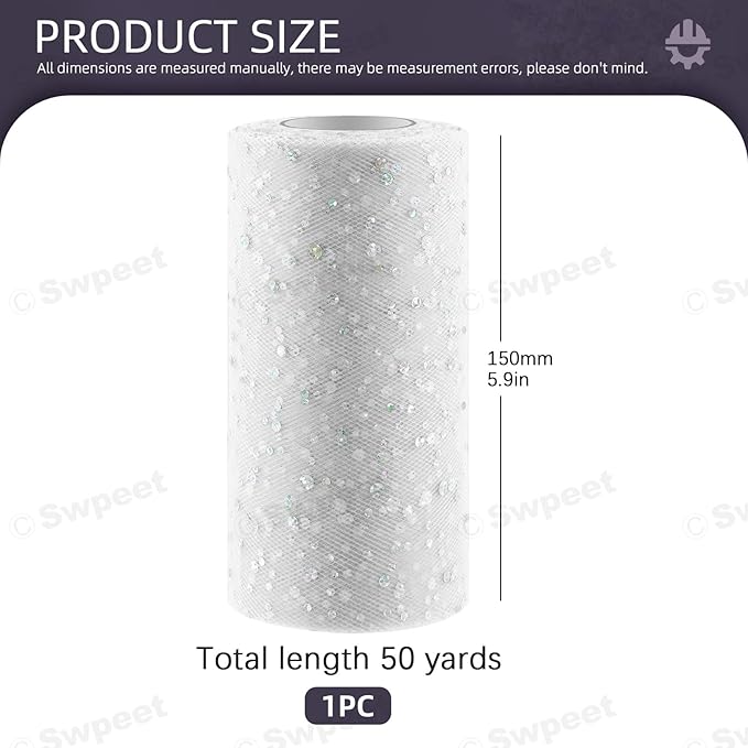 Swpeet 6 Inch by 50 Yards White Glitter Tulle Fabric Roll, Fabric Spool Sparkling Tulle Ribbon, Netting Polyester Spool for DIY Birthday Party Wedding Decorations Christmas Craft Supplies