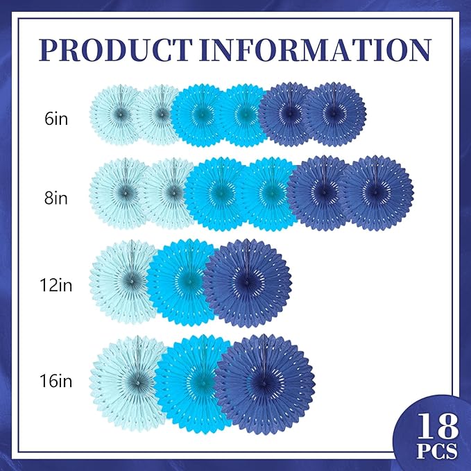 18 Pcs Blue Set Hanging Paper Fan, Hanging Honeycomb Round Paper Fans for Weddings, Birthdays, Baby Showers, Classroom, Events Ceiling Party Supplies Decorations