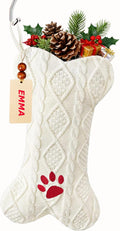 Personalized Dog Christmas Stockings 18’’ with Metal Holders & Name Tags, Paw-Print Embroidery Large Bone Shape Pet Hanging Stockings Xmas Knit Dogs Stocking for Christmas Decoration Party Décor-White