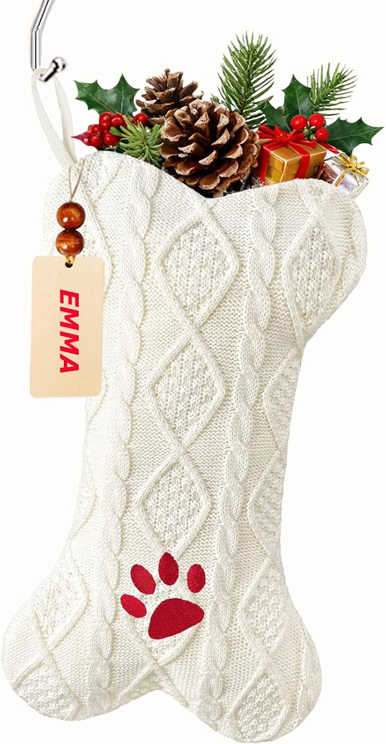 Personalized Dog Christmas Stockings 18’’ with Metal Holders & Name Tags, Paw-Print Embroidery Large Bone Shape Pet Hanging Stockings Xmas Knit Dogs Stocking for Christmas Decoration Party Décor-White