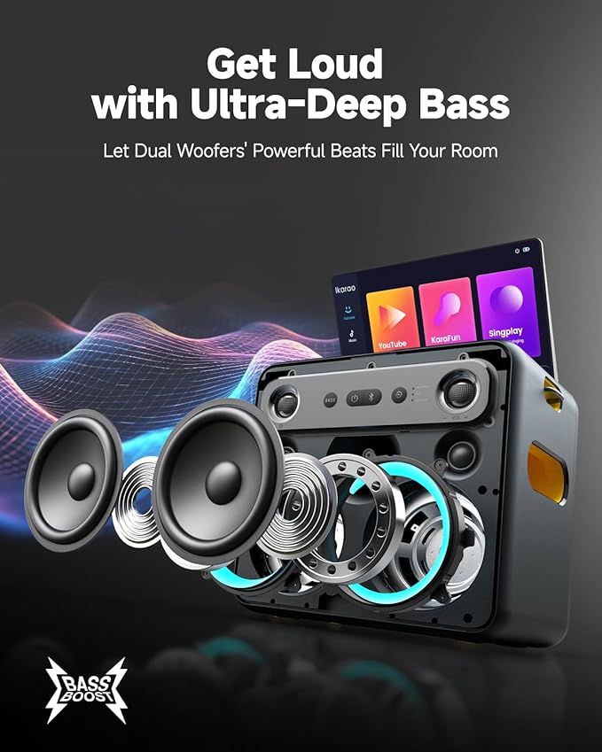 Ikarao Karaoke Machine with Microphone Stand, Portable Bluetooth Speaker for Party, Backyard, Karaoke System with 2 Wireless Microphone for Adults Kids, for Women, Men, Singing Lovers