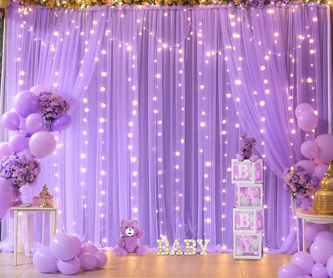 Lavender Tulle Backdrop Curtain with Led Lights for Wedding Baby Shower Girls 10ft X 8ft Lilac Lavender Sheer Backdrop Curtain for Birthday Party Bridal Shower Photoshoot Background Decorations