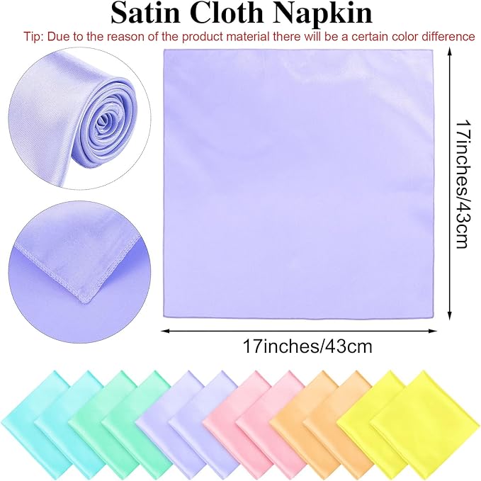 Aneco 12 Pieces Satin Napkins Soft Dinner Napkins Multicolor Square Weddings Table Napkins 17 x 17 Inches for Restaurant Weddings Party Dinner Decoration (Pastel Rainbow)