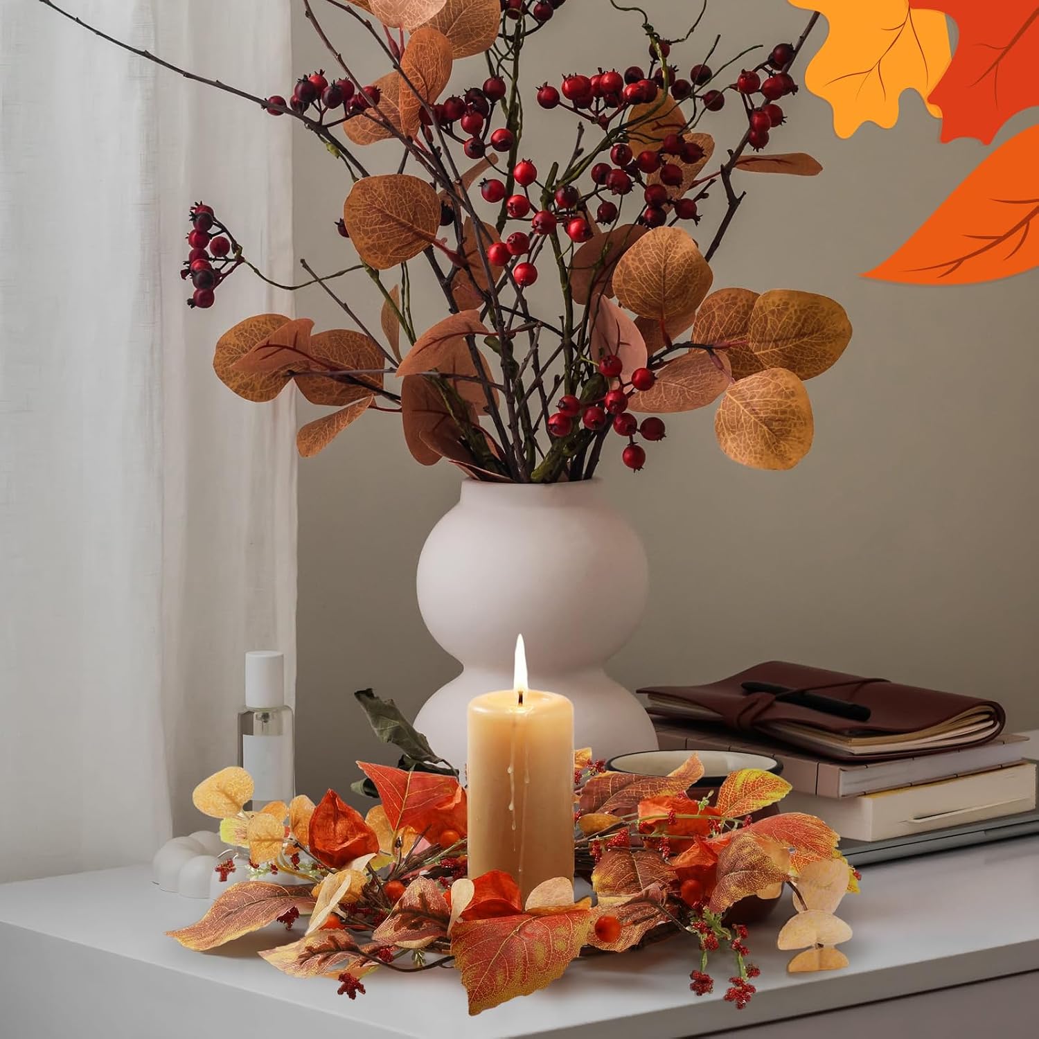 Suncalla Fall Candle Rings Wreath with Artificial Berry Leaf Acorn Wreath for Mini Candle Rings Thanksgiving Fall Wedding Rustic Seasonal Decoration(6.5'' Inner,Eucalyptus Berry,1 Pc)
