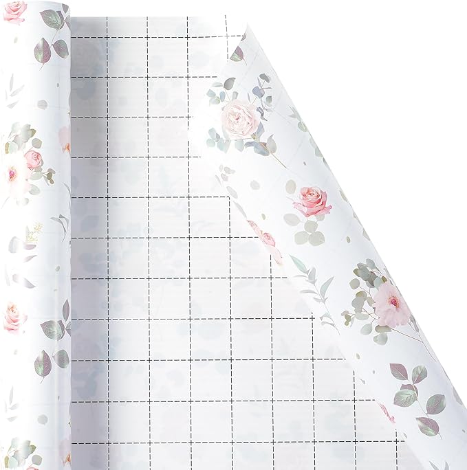 Ulmasinn Floral Wrapping Paper Roll - 17 Inches x 33 Feet - Vintage Romantic Rose Flower Gift Wrap with Cut Lines for Wedding, Birthday, Bridal Shower, Mother’s Day