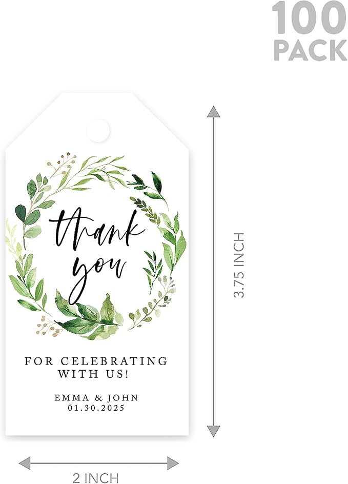 Andaz Press 100-Pack Personalized Thank You for Celebrating with Us Wedding Favor Tags with Bakers Twine Greenery Wreath Custom Cardstock Wedding Gift Tags Thank You Tags for Party Favors 2” X 3.75”