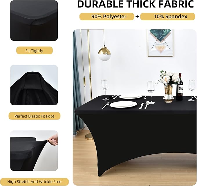 10-Pack 6ft Black Spandex Table Covers for Rectangle Standard Folding Tables - Wrinkle Resistant Stretch Tablecloths - Ultimate Fitted Table Protector for Parties, Banquet, Wedding
