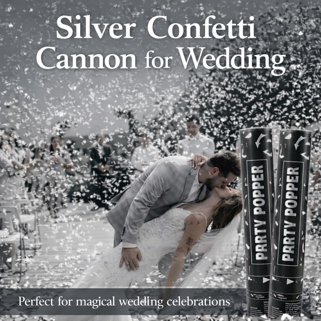 Confetti Poppers Silver Confetti Cannon 2 Pack Silver Foil Confetti 12 Inch Party Poppers for Wedding Birthday Graduation New Year’s Eve Party Decorations & Photo Props
