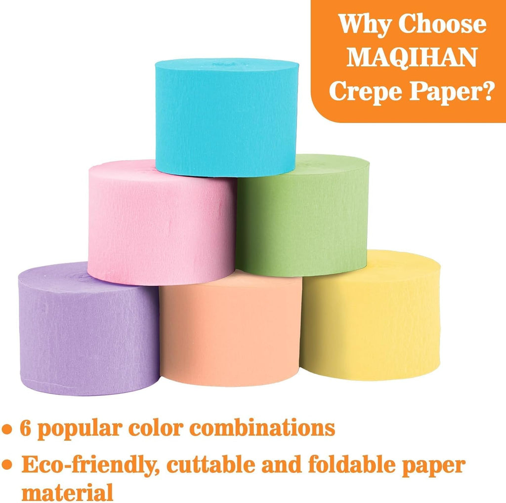 MAQIHAN Pastel Crepe Paper Streamers - 6 Rolls 492ft Crepe Paper Valentine's Easter Mother's Day Anniversary Graduation Mermaid Party Spring Themed Wedding Baby Shower Brithday Party Decor Streamers