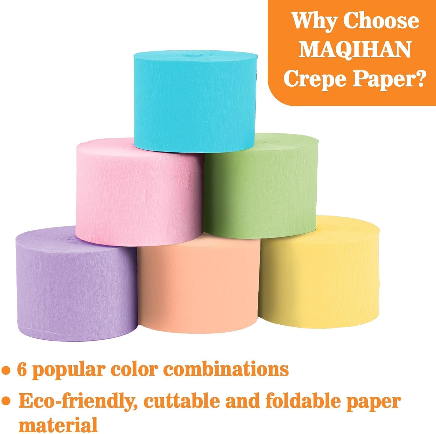 MAQIHAN Pastel Crepe Paper Streamers - 6 Rolls 492ft Crepe Paper Valentine's Easter Mother's Day Anniversary Graduation Mermaid Party Spring Themed Wedding Baby Shower Brithday Party Decor Streamers