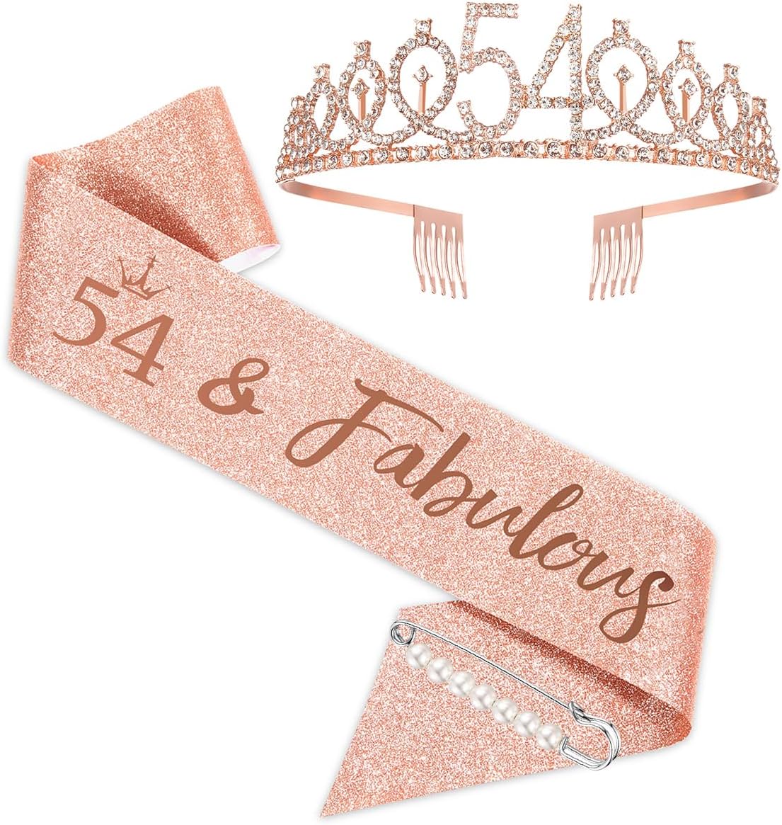 BRT Bearingshui Fabulous Sash and Tiara for Women, Rose Gold Birthday Crown for 54th Birthday Party Favor Supplies