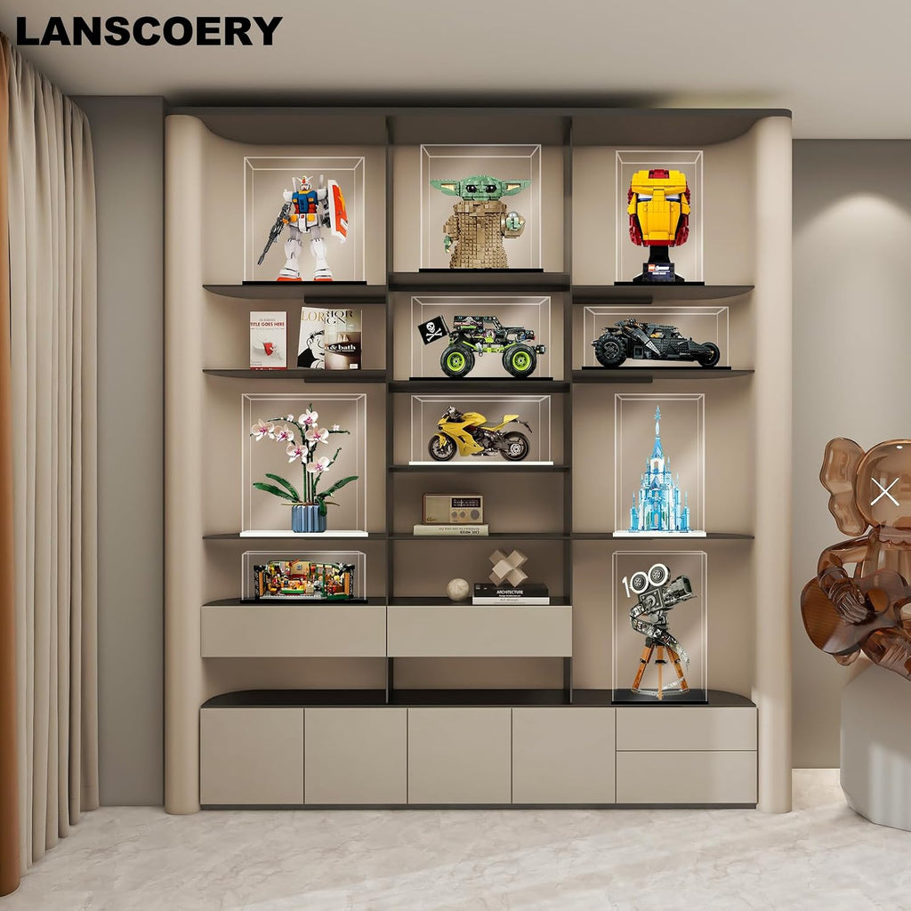 lanscoery acrylic display case for vehicle models, 9.8x5.9x7.9 on a desk or shelf