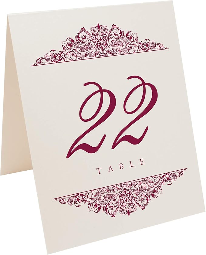 Paisley Wedding Table Numbers (Select Color/Quantity), Champagne, Burgundy, 1-55, Double Sided, Tent or Use in a Stand, Great for Parties & Restaurants - Made in the USA