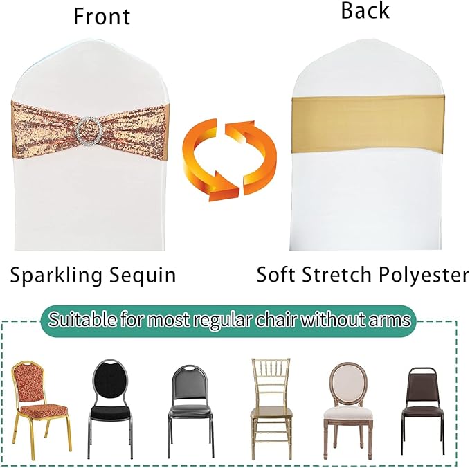 100 Pcs Chair Sashes Sequin Stretch Chair Bands Spandex Polyester Bows for Party Hotel Wedding Banquets Decoration - Rose Gold