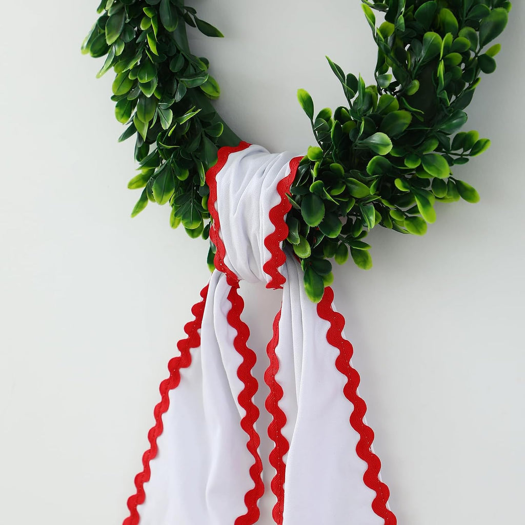 DYSHAYEN Wreath Sash for Front Door,Canvas RIC Rac Trim Wreath Accessories for Yard Doorway Indoor Outdoor Bridal Shower Xmas Home (White-Red Trim)
