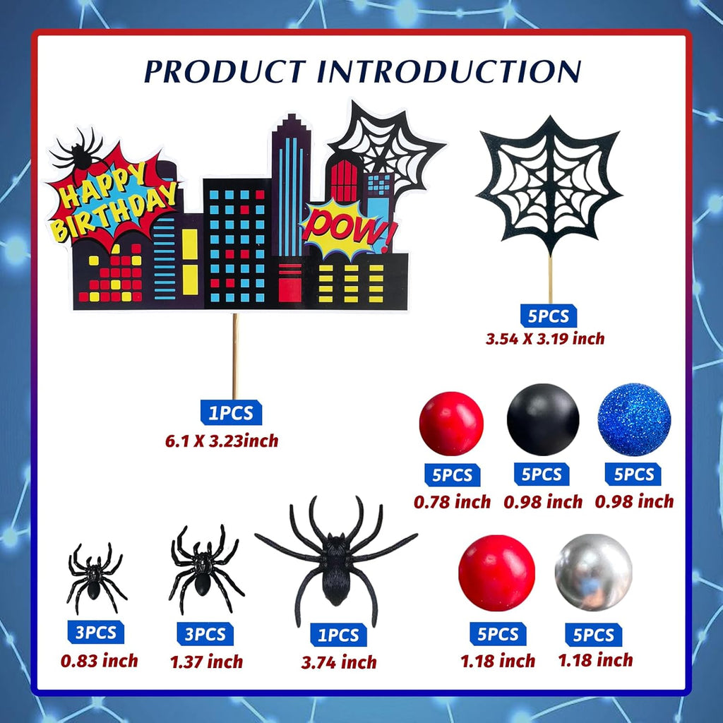 38pcs Spider Cake Topper Balls Cake Decorations Spider Web Cake Decor with Black Red Silver Glitter Blue Balls Spider City Theme Happy Birthday Topper for Boys Men Baby Shower Party Supplies