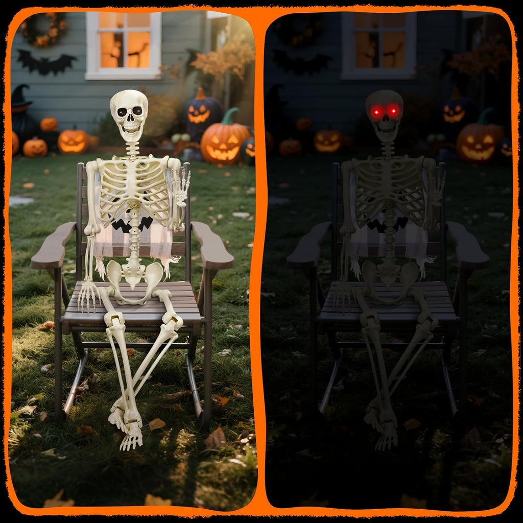 halloween decorations outdoor 5.4ft life-size realistic posable skeleton on a desk or shelf