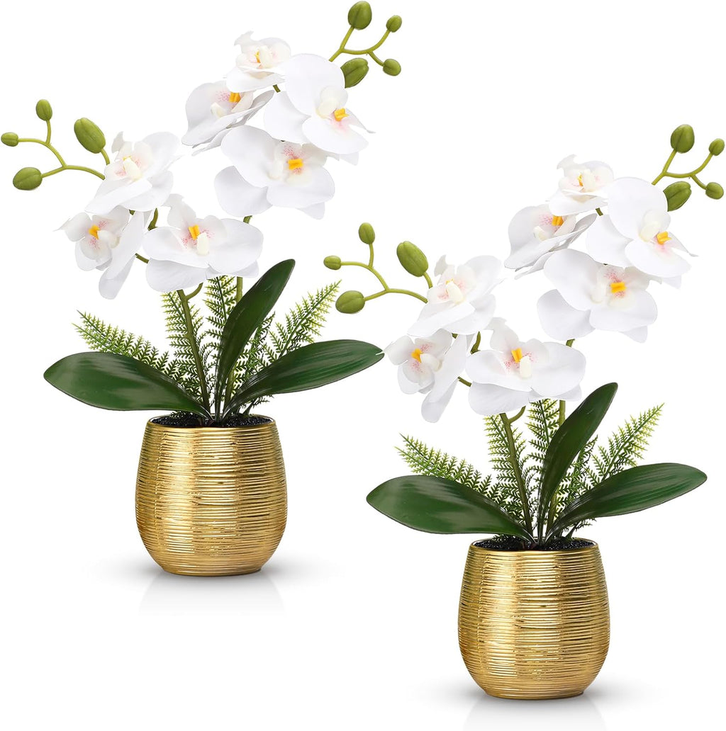 orchids artificial flowers in gold ceramic vase 13'', main product view