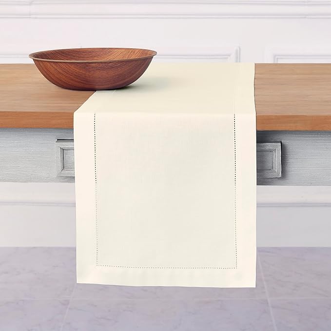 Solino Home Ivory Table Runner 120 Inches Long - Cotton Linen Hemstitch 14 x 120 Inch Table Runner for Dining, Fall, Autumn, Thanksgiving, Holiday