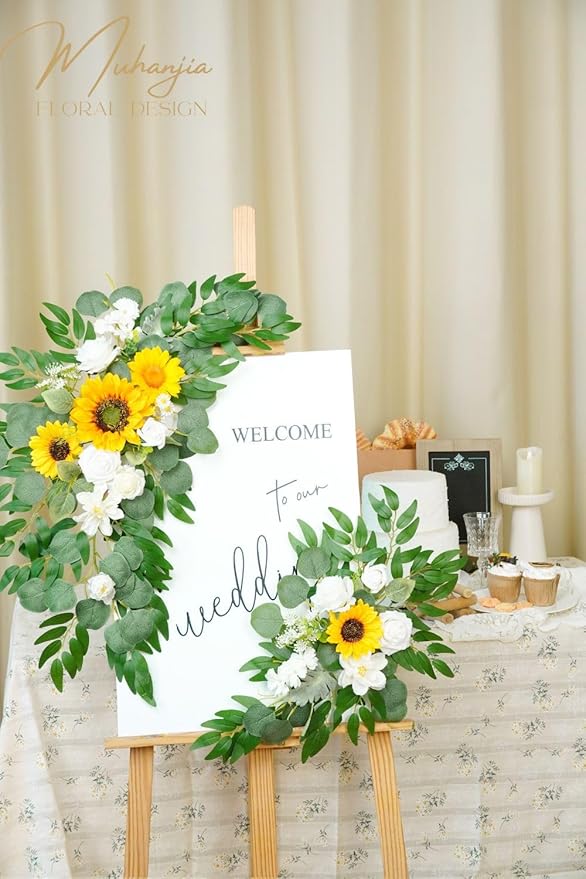 Wedding Sign Faux Flower Swag (Pack of 2) for Ceremony Party Reception Entrance Floral Decor Wall Easel Stand for Wedding Poster Welcome Sign(Sunflower)