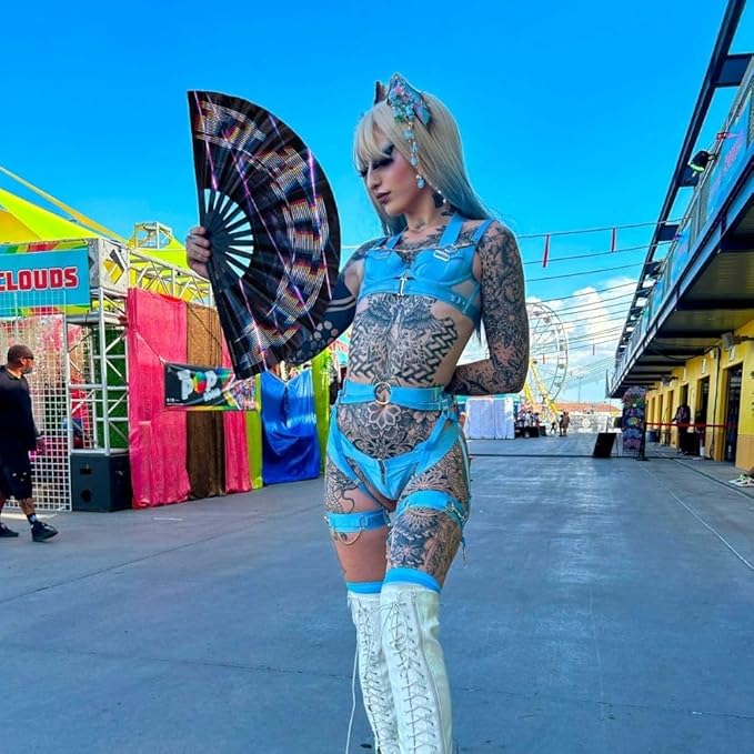 Kandies World Custom Festival Folding Hand Fan - Unique Designs, Made of Bamboo, Clacking Sound, Lightweight - Perfect Rave and Festival Accessory!