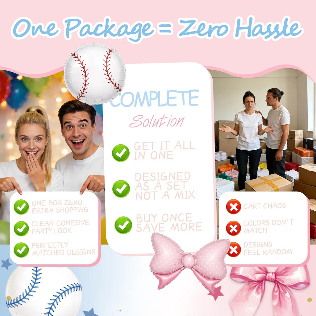 cocomigo baseballs or bows gender reveal decorations, serves, front angle view