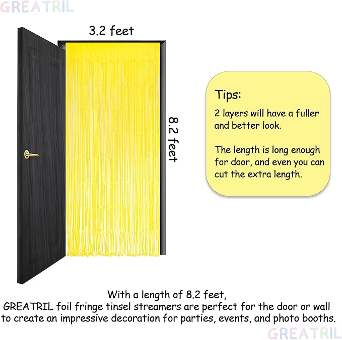 Yellow Streamers Party Backdrop - GREATRIL Foil Fringe for Pineapple/Lemon/Truck/Race Birthdays Party Decoration - 3.2ft X 8.2ft - 2 Packs