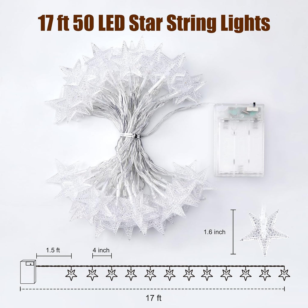 Minetom Star String Lights Battery Operated - 17 ft 50 LED Star Fairy String Lights with Timer, Waterproof for Indoor Bedroom Tent Loft Bed Patio Party Wedding Ramadan Decorations, Warm White