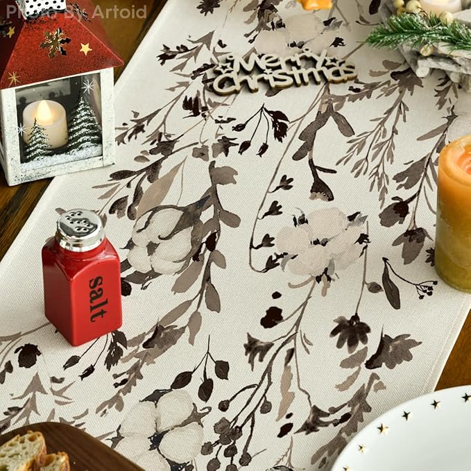 Artoid Mode Leaves and Flowers Cotton 210 GSM Winter Table Runner, Seasonal Christmas Kitchen Dining Table Decoration for Home Party Decor 13x72 Inch
