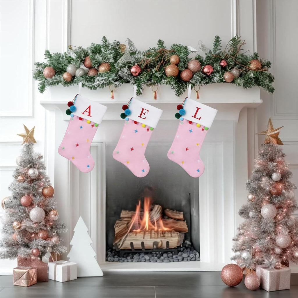 19" Pink Personalized Christmas Stocking—Embroidered Letter-S | Embroidered Fleece Stockings with Stars & Pom Poms, Holiday Fireplace Decor for Xmas Party,Festive Gift